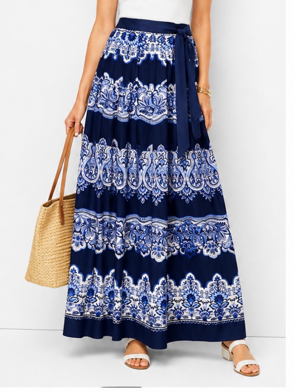 Talbots NWT Blue & White Border Print Tie Waist Maxi Skirt Size 2